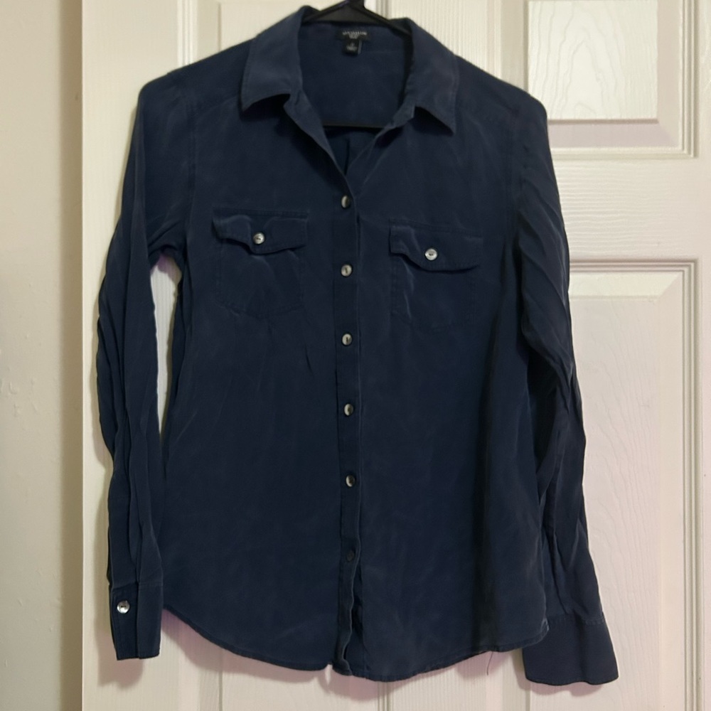 Ann Taylor dark blue button down long sleeve blouse
